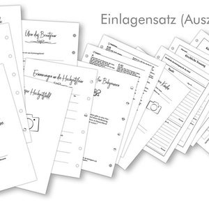 May include: A set of printable pages for a wedding scrapbook, including sections for the wedding day, the couple's story, and a family tree. The pages are designed with a simple, elegant style and include space for photos and text.