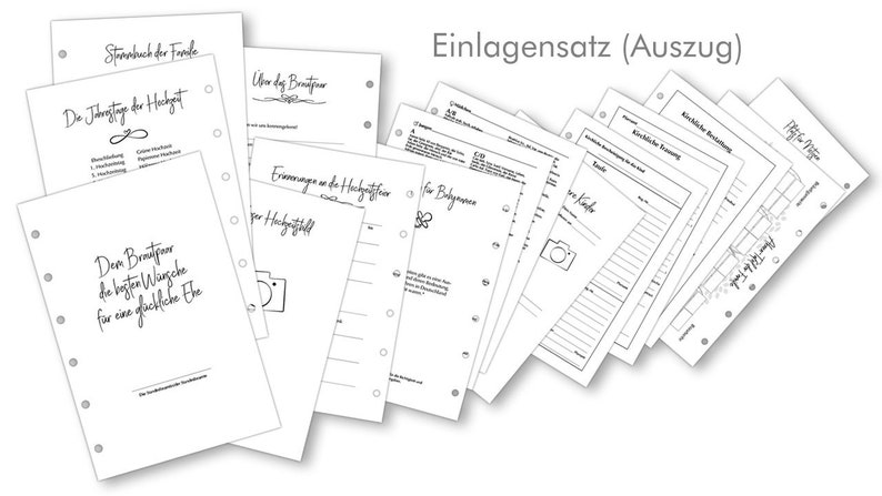 May include: A set of printable pages for a wedding scrapbook, including sections for the wedding day, the couple's story, and a family tree. The pages are designed with a simple, elegant style and include space for photos and text.