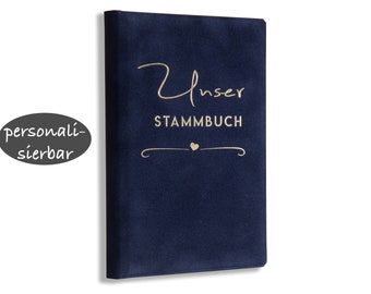 Stammbuch in Blau aus Samt für die Hochzeit, Format: Klassisch und A4, Serie Cara, personalisierbar