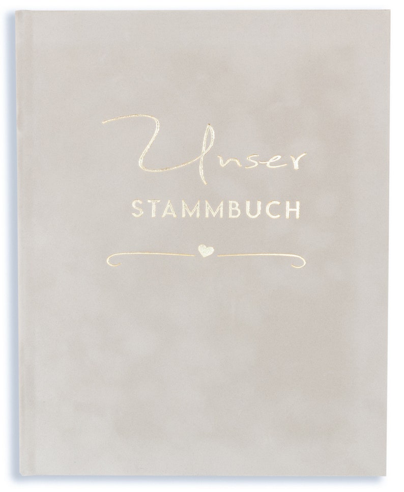 May include: A light gray book with the words "Unser Stammbuch" in gold lettering. A small heart symbol is above a decorative line.