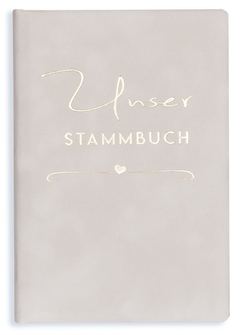 May include: A light gray book with the words "Unser Stammbuch" in gold lettering. A small heart symbol is above a decorative line.