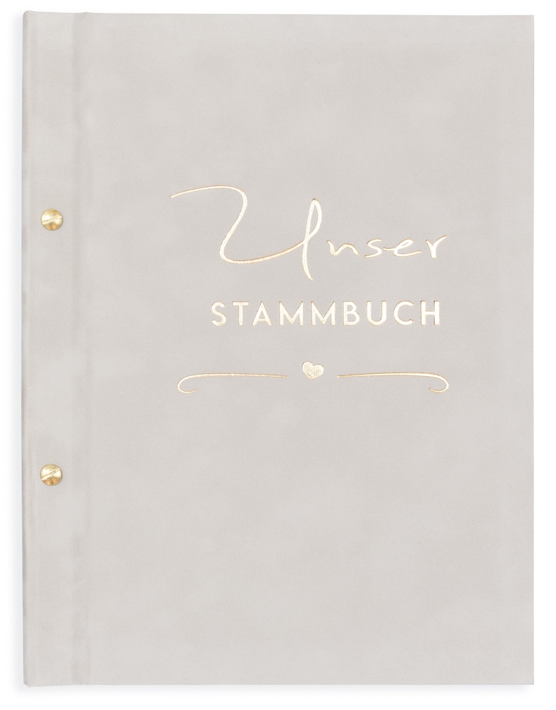 May include: A gray, soft-cover book with the text "Unser Stammbuch" in gold lettering. A small gold heart is above a decorative gold swirl.