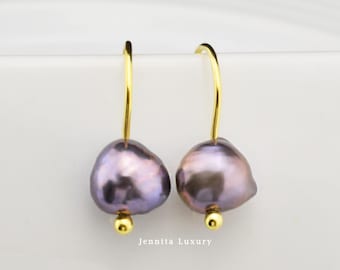 Drop earrings in 925 sterling silver, gold-plated, with black baroque pearls, genuine dark freshwater pearl drop earrings, minimalist women's pearl jewelry