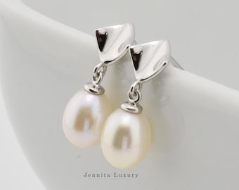 Silver drop pearl earrings with freshwater pearls, geometric earrings with white cultured pearls, bridal earrings, women's pearl jewelry