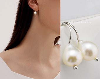 Baroque pearl earrings hanging silver, drop freshwater pearl earrings, pearl earrings minimalist, bridal jewelry simple, gift love