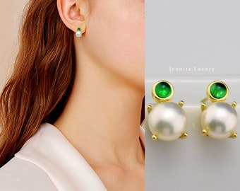 Ohrstecker Gold mit Perle,vergoldete kleine Süßwasserperlen Ohrringe Stecker,grüner Stein Ohrring,Braut Schmuck Perlen,Geschenk für Damen