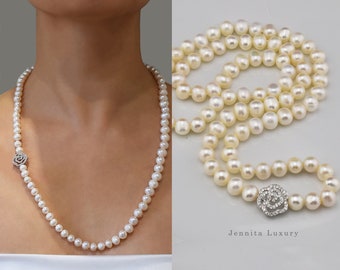 Real long pearl necklace, zirconia flower pendant, white cultured pearl necklace long 60 cm, elegant bridal pearl necklace, gift for dear wife