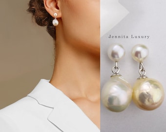 Real baroque pearl earrings hanging silver, large Edison double pearl earrings, double pearl earrings, bridal jewelry, gift for dear woman