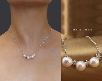 Silver necklace with three pearl pendants, zirconia stones, fine necklace with real freshwater pearls, bridal jewelry pearl necklace, gift for women