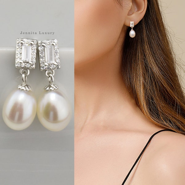 Pendientes de perlas colgantes de plata con piedras de circonitas, pendientes colgantes con gotas reales de perlas de agua dulce, joyería de perlas nupciales, regalo para mujer