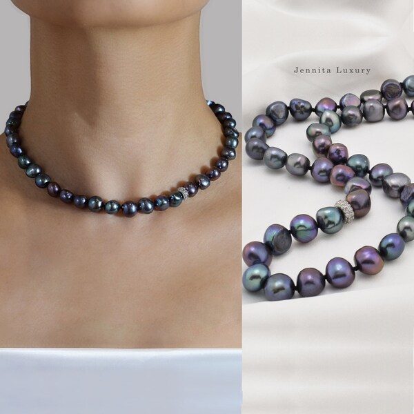 Schwarze Perlen Kette Silber,echte Barock Süßwasser Perlen Halskette,dunkle Perlenkette echt,Verschluss Silber,Zirkonia Steine, Geschenkidee