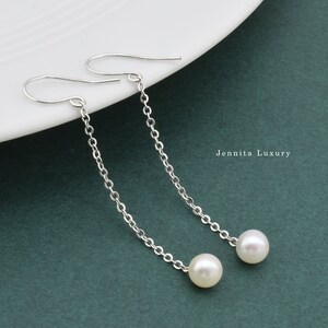 Long chain earrings hanging silver with freshwater Edison pearls, hanging earrings with round cultured pearls, bridal pearl jewelry, gift for women
