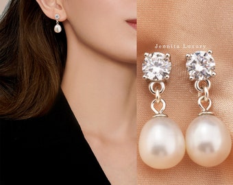 Perlenohrringe Tropfen hängend Silber,Süßwasser Perlen Stecker mit Stein,Hängeohrringe Perle,Braut Perlenschmuck elegant,Geschenk für Damen
