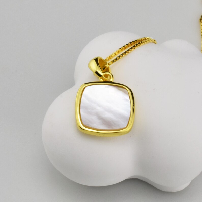 Gold chain with square white mother-of-pearl pendant, 925 sterling silver gold-plated necklace with geometric shell pendant, women's silver jewelry image 5