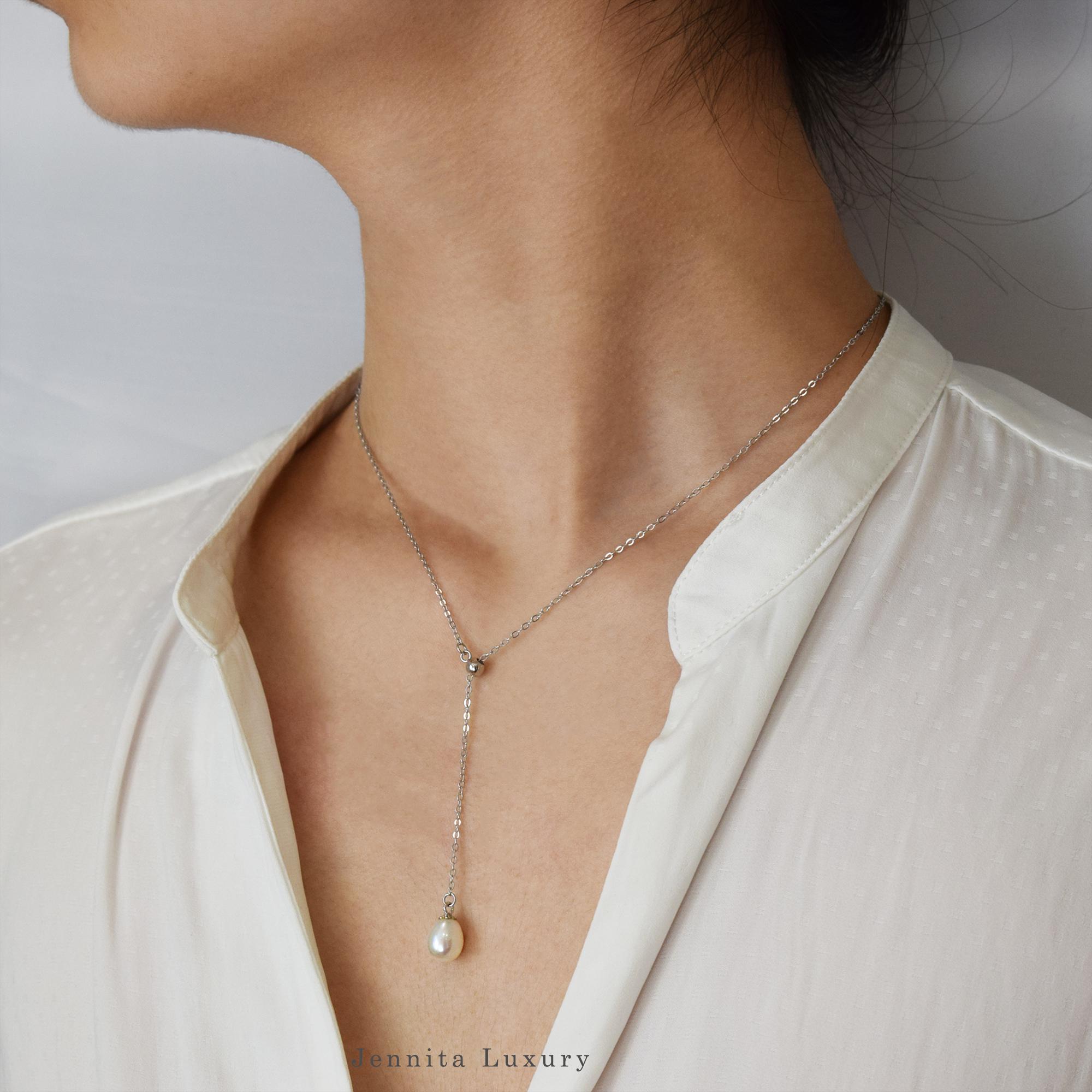 【TATIANA】(Silver 925) Delicate Pearl Y Chain Necklace Y Chain Silver 925 With Pearl, Necklace With Drop Freshwater