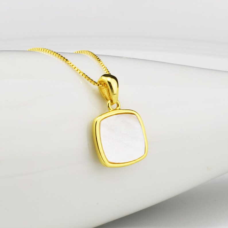 Gold chain with square white mother-of-pearl pendant, 925 sterling silver gold-plated necklace with geometric shell pendant, women's silver jewelry image 2