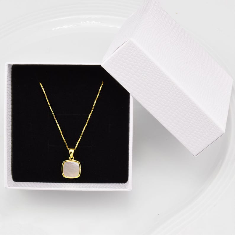 Gold chain with square white mother-of-pearl pendant, 925 sterling silver gold-plated necklace with geometric shell pendant, women's silver jewelry image 9