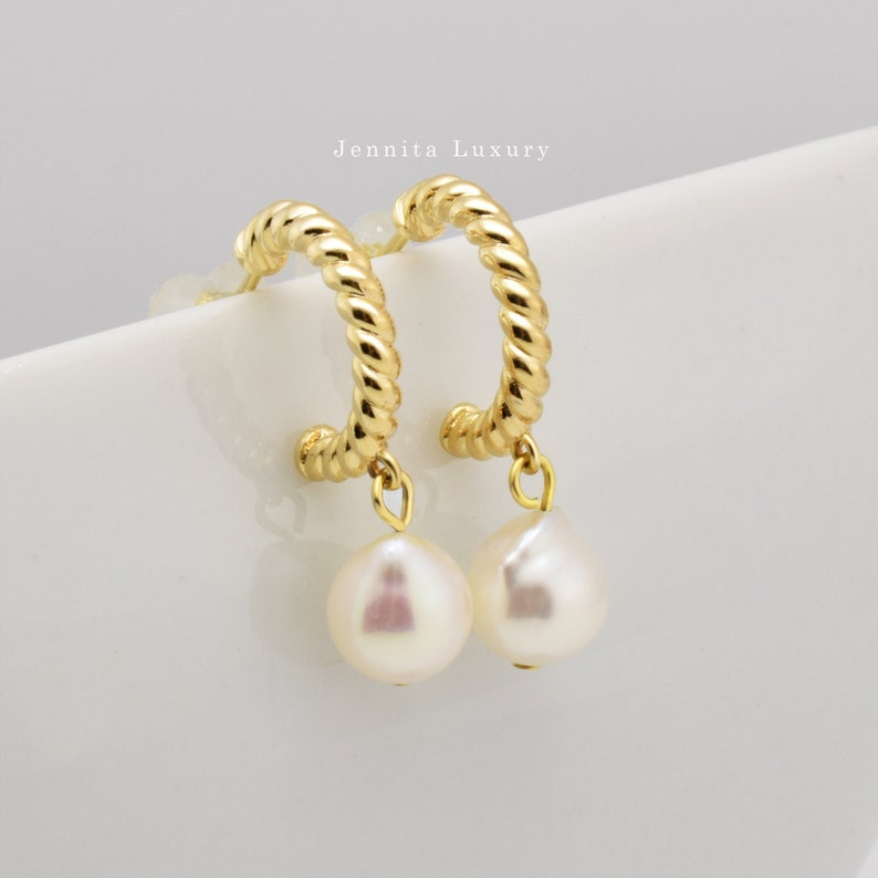 Real baroque pearl earrings hanging, gold-plated hanging earrings with freshwater pearl drops, wedding bridal pearl jewelry, gift for women image 1