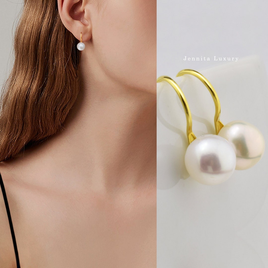 Pendientes Colgantes De Perlas Akoya Blancas Genuinas (11-12 Mm) Con Montura Plateada - Hechos A Mano, Sin Níquel, Ideales Para Regalos Especiales