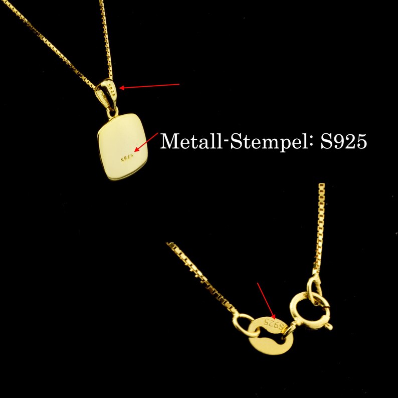 May include: A gold chain necklace with a pendant that has the inscription "S925" on it. The chain has a lobster clasp closure. The pendant is a rectangular shape with rounded corners.