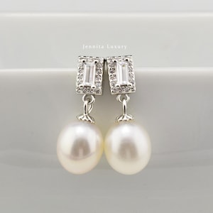 Pearl earrings hanging silver with zirconia stones, hanging earrings with real drop freshwater pearls, bridal pearl jewelry, gift for women