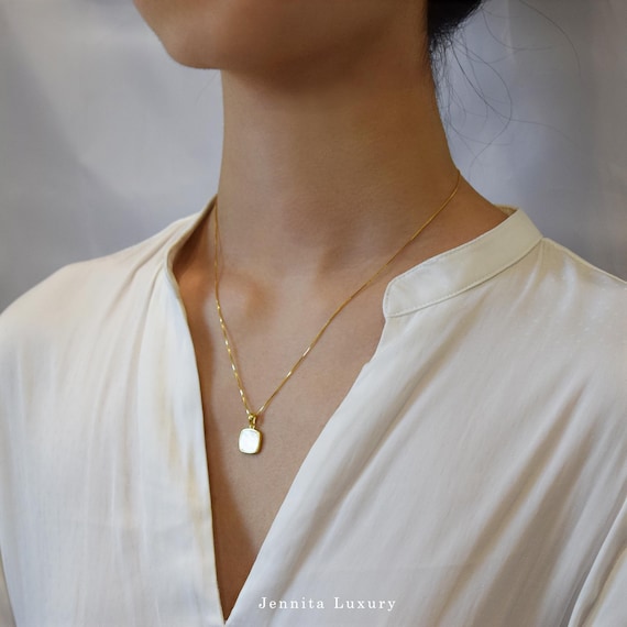 Goldene Kette mit weißem Perlmutt Anhänger quadratisch,Silber 925 vergoldete Halskette mit geometrischem Muschelanhänger,Damen Silberschmuck