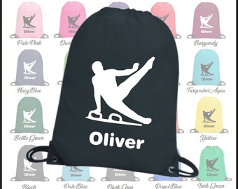 Personalised Boys Gymnastic Bag - Printed with Boy Gymnast Logo and any name / text Sports PE School Drawstring Gymnastics Kit Backpack Tote