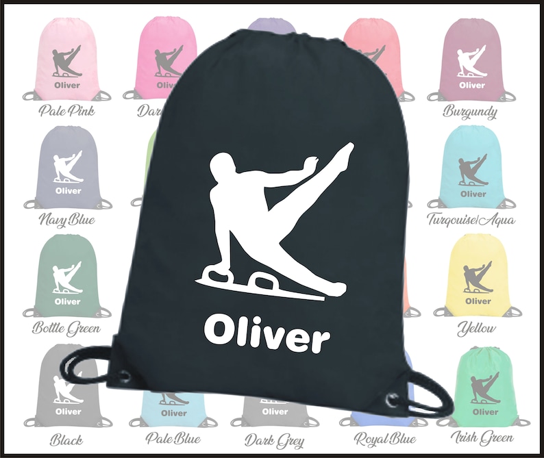 May include: A black drawstring bag with a white silhouette of a gymnast on a pommel horse. The bag has a white drawstring and the name "Oliver" is printed in white below the image.