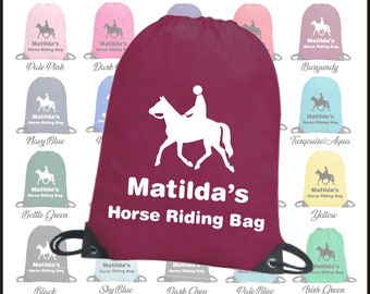 Personalised Horse Riding Bag - Printed with Horse Riding Logo and any name / text Sports PE School Drawstring Rider Kit Backpack Tote Bag