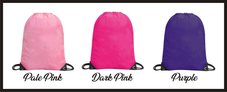 May include: Three drawstring bags in pale pink, dark pink, and purple. The bags are made of a soft, lightweight fabric and have a simple design.