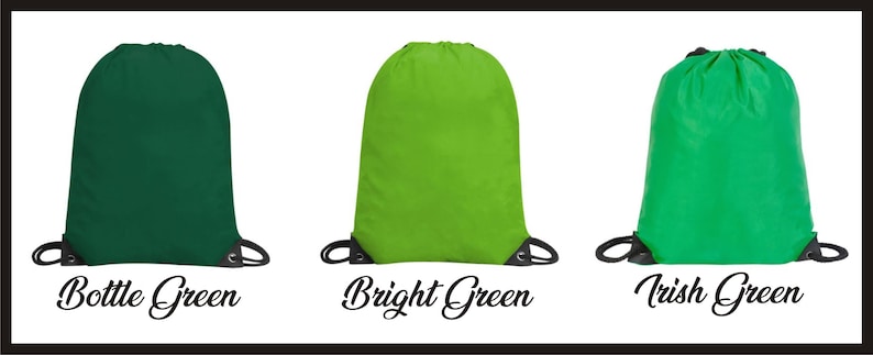 May include: Three drawstring bags in different shades of green: bottle green, bright green, and Irish green. The bags are made of a soft, lightweight fabric and have a simple design.