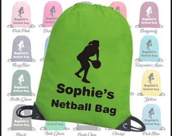 Personalised Netball Bag - Printed with Netball Logo and any name / text Sports PE School Drawstring Gymsac Kit Backpack Tote Bag