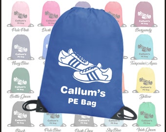 Personalised PE Gym Sports Bag - Printed with Trainers Logo and any name / text Sports PE School Drawstring Running Kit Backpack Tote Bag
