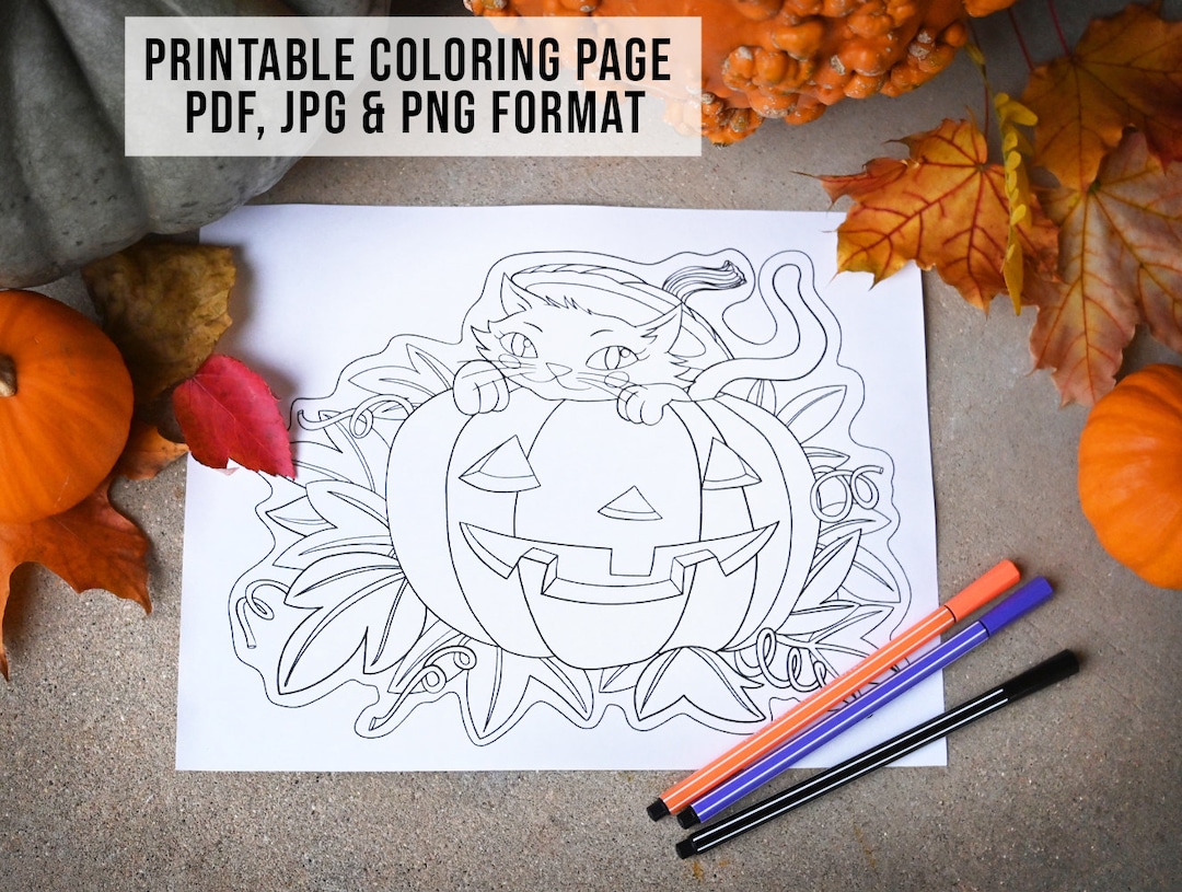Printable Cat in Jack-o-lantern Coloring Page - Instant Digital ...