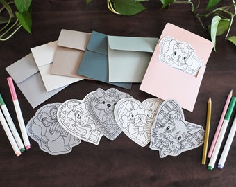 Printable Puppy Coloring Valentine's with Envelope Templates in Two sizes - Instant Digital Download - PDF & PNG Files
