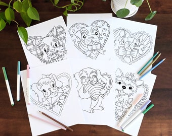 Printable Puppy Valentine's Coloring Pages - Instant Digital Download - PDF & PNG Files