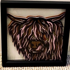 Moo cow shadow box - Cow shadow box - picture - home decor - shelf decor - wall hanging - wall decor, Highland cow,layered picture