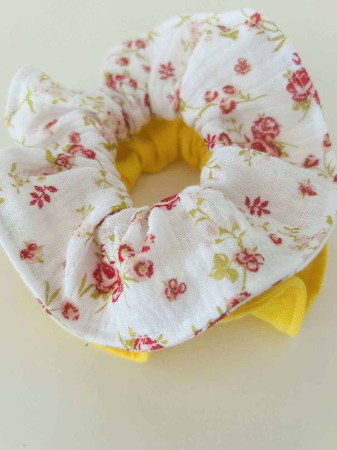 Set of 2 Hair Scrunchies in Floral and Yellow Cotton Gauze 