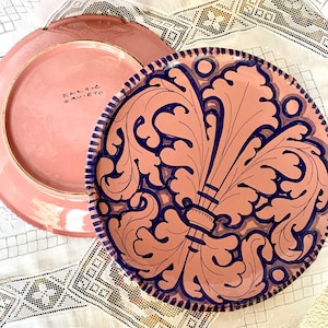 Ilario Ciaurro ~ (2) Majolica Tin-Glazed Umbria Earthenware Pottery Plates ~ Medieval Florentine Fleur De Lis ~ Orvieto Italy ~ c1920s
