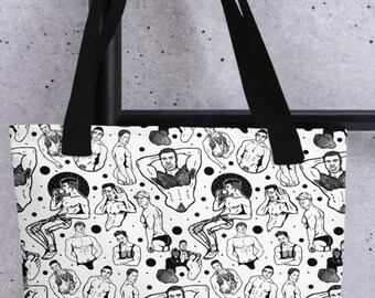 Pin-Up Polka Dots Tote Bag | Gay Pin-Up, Shirtless Men, Sexy Guys, Hand-drawn Patterned Bag