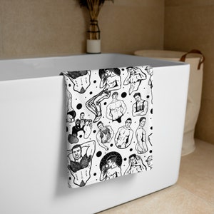 Pin-Up Polka Dots Towel | Gay Pin-Up, Shirtless Men, Sexy Guys, Hand-drawn Patterned Bath Towel, Beach Towel