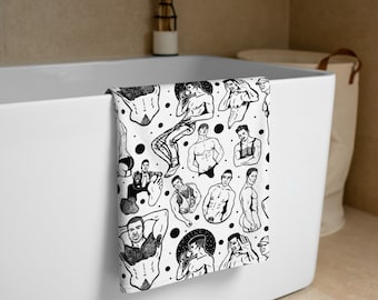 Pin-Up Polka Dots Towel | Gay Pin-Up, Shirtless Men, Sexy Guys, Hand-drawn Patterned Bath Towel, Beach Towel