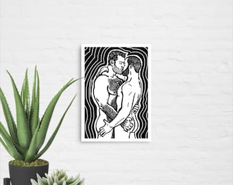 Ambiance romantique | Impression d'art queer 5 x 7 pouces, petite affiche, illustration masculine, art mural gay, tirages LGBTQ