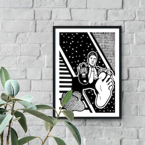 May include: Black and white illustration of a person sitting with one leg extended and a shoe in hand. The person is wearing a suit and tie. The background is a black and white geometric pattern.