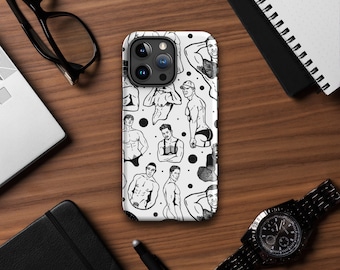 Pin-Up Polka Dots Tough Case for iPhone® | Gay Pin-Up, Shirtless Men, Sexy Guys, Hand-drawn Patterned Phone Case, Gay Tech, iPhone Cases