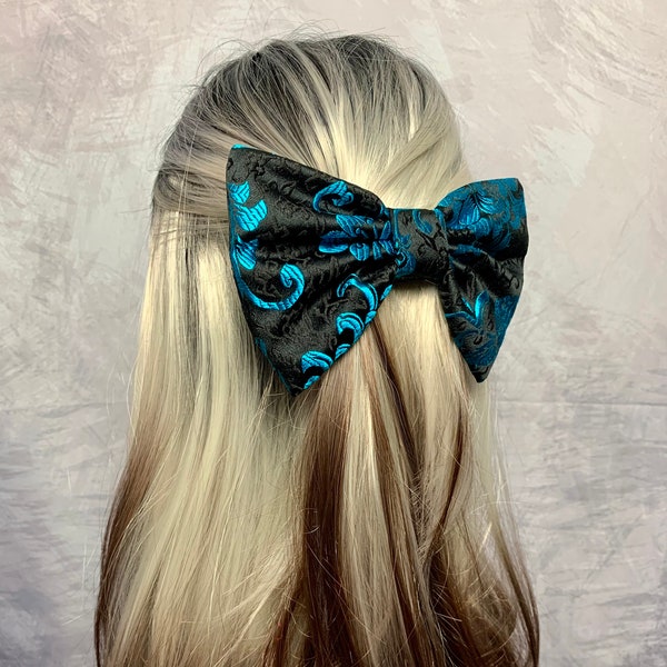 Black blue brocade barette, Unique hairclip, Luxury brocade barette, Large blue hairclip,Oversized barette for woman,Blue hair tie for girls