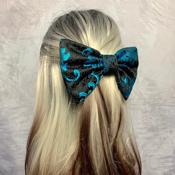 Black blue brocade barette, Unique hairclip, Luxury brocade barette, Large blue hairclip,Oversized barette for woman,Blue hair tie for girls