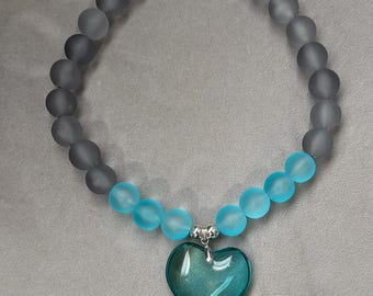 Frosted Blue Heart Beaded Necklace | Matte Glass Statement Necklace | Handmade Blue & Gray Necklace | Gift for Her | Ana Febus