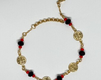 Saint Benedict Charms - Black and Red  Crystal- Gold plated Bracelet