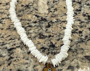 Special order for Cass- Handmade Natural Puka Seashell 18” with Tiger Eye stone   Cross